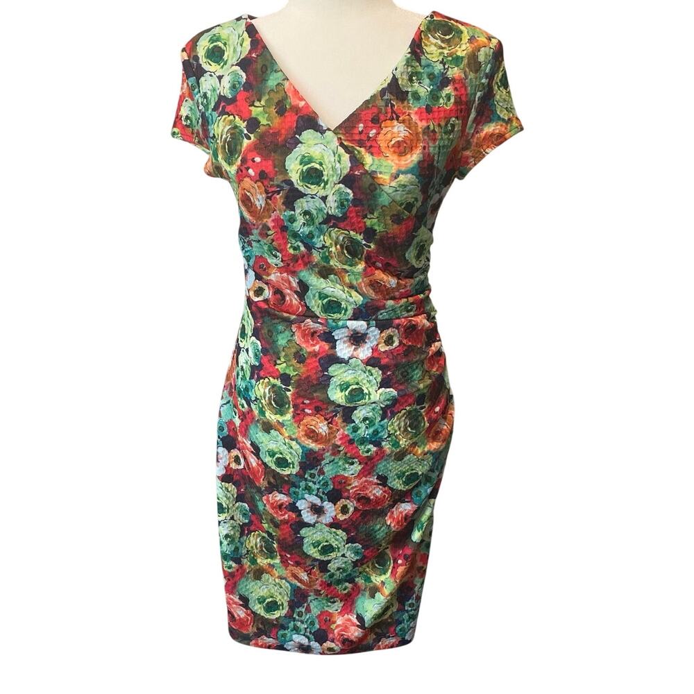 Joseph Ribkoff Sheath Floral Dress Sz 8 Colorful Ruched Stretchy V-Neck Chic